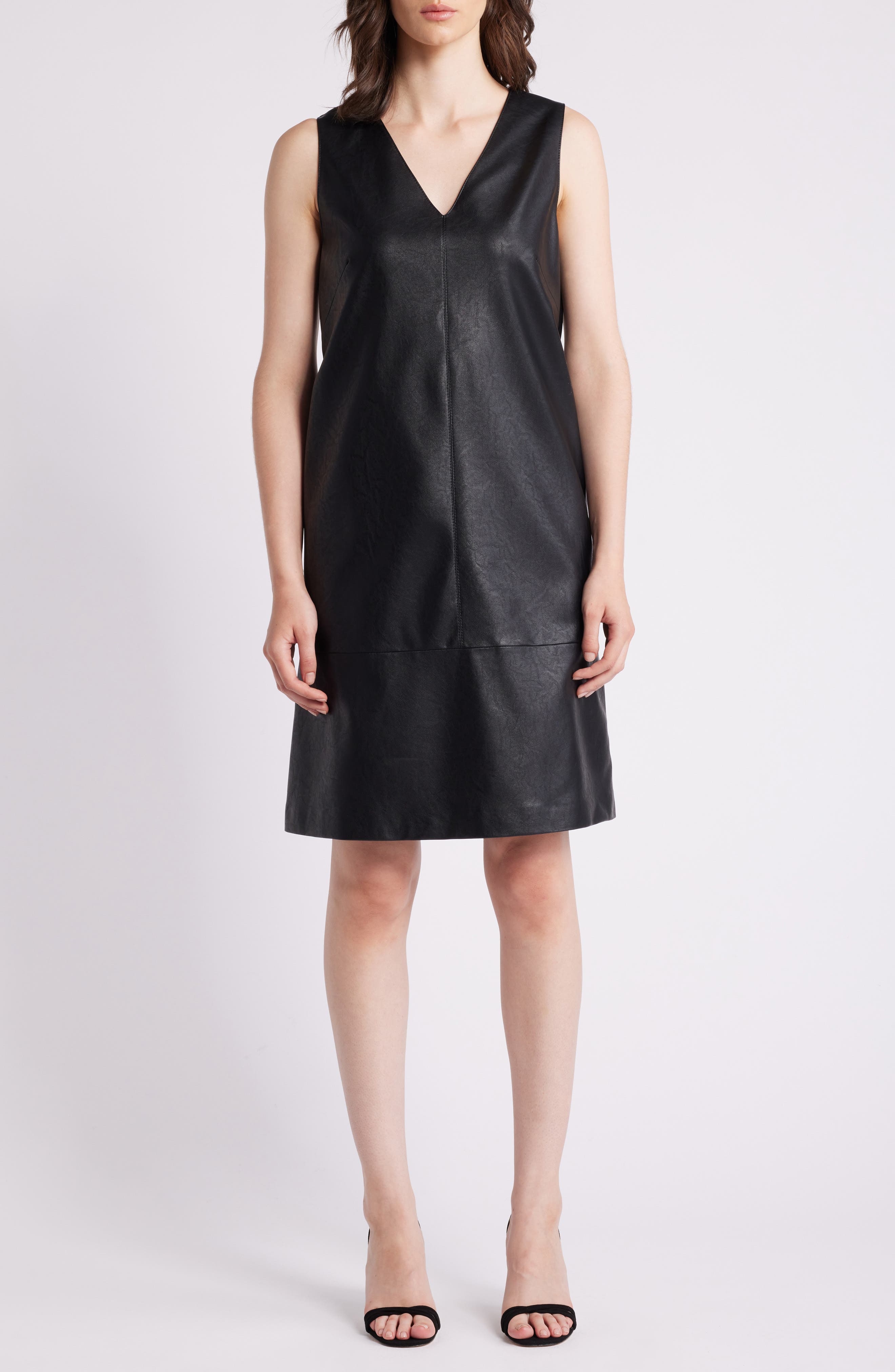 KOBI HALPERIN Washed Faux Leather V-neck Dress in Black 