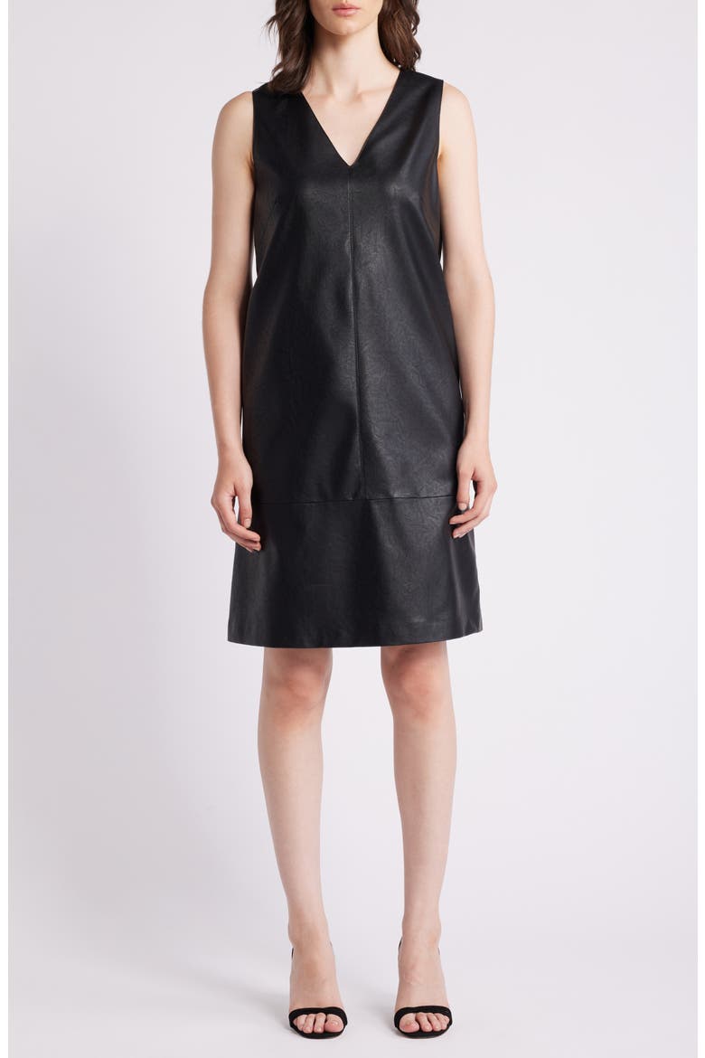 Washed Faux Leather V-neck Dress, Main, color, BLACK