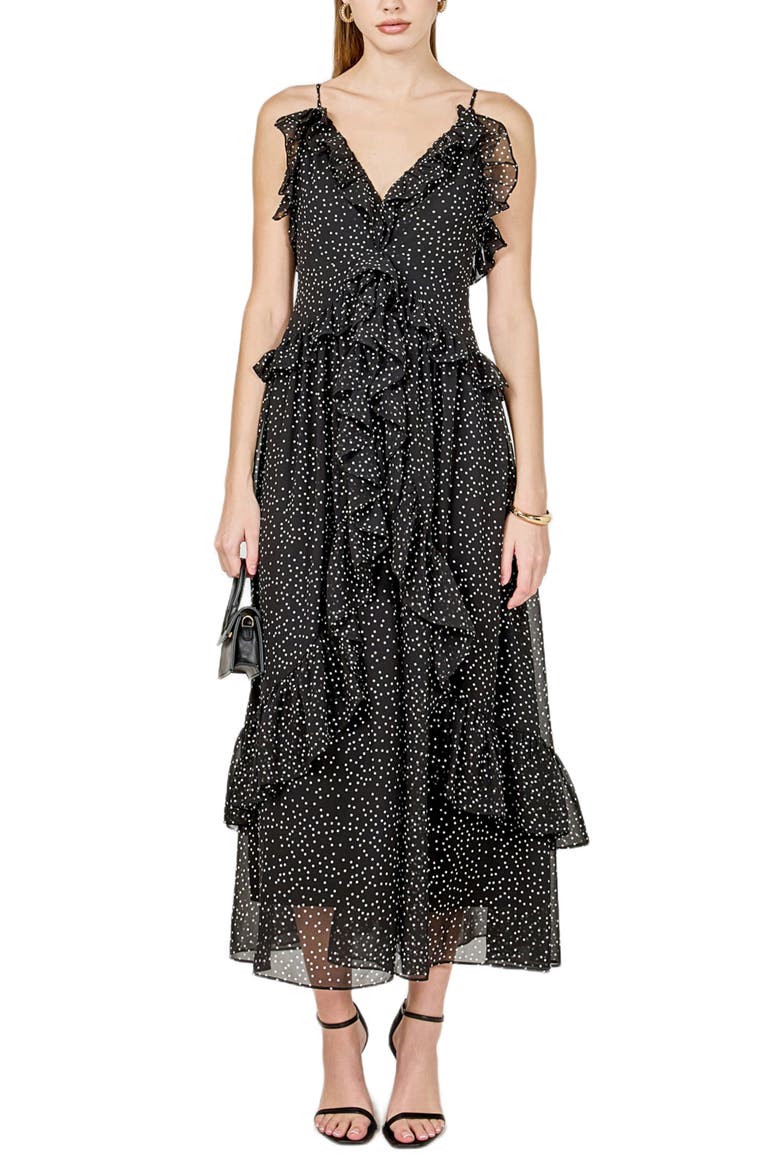 Dot Ruffle Sleeveless Maxi Dress, Alternate, color, BLACK