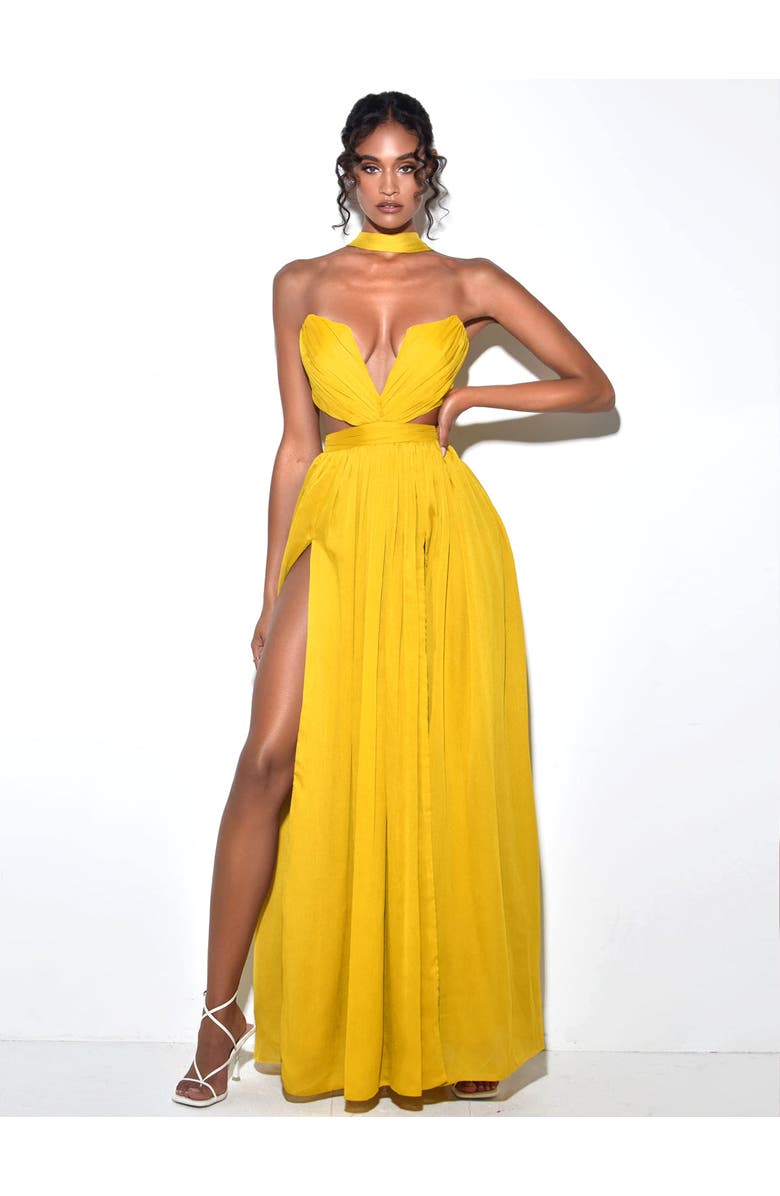 Miss Circle Xella Pleated Chiffon Maxi Dress, Main, color, Yellow And Ruby Pink