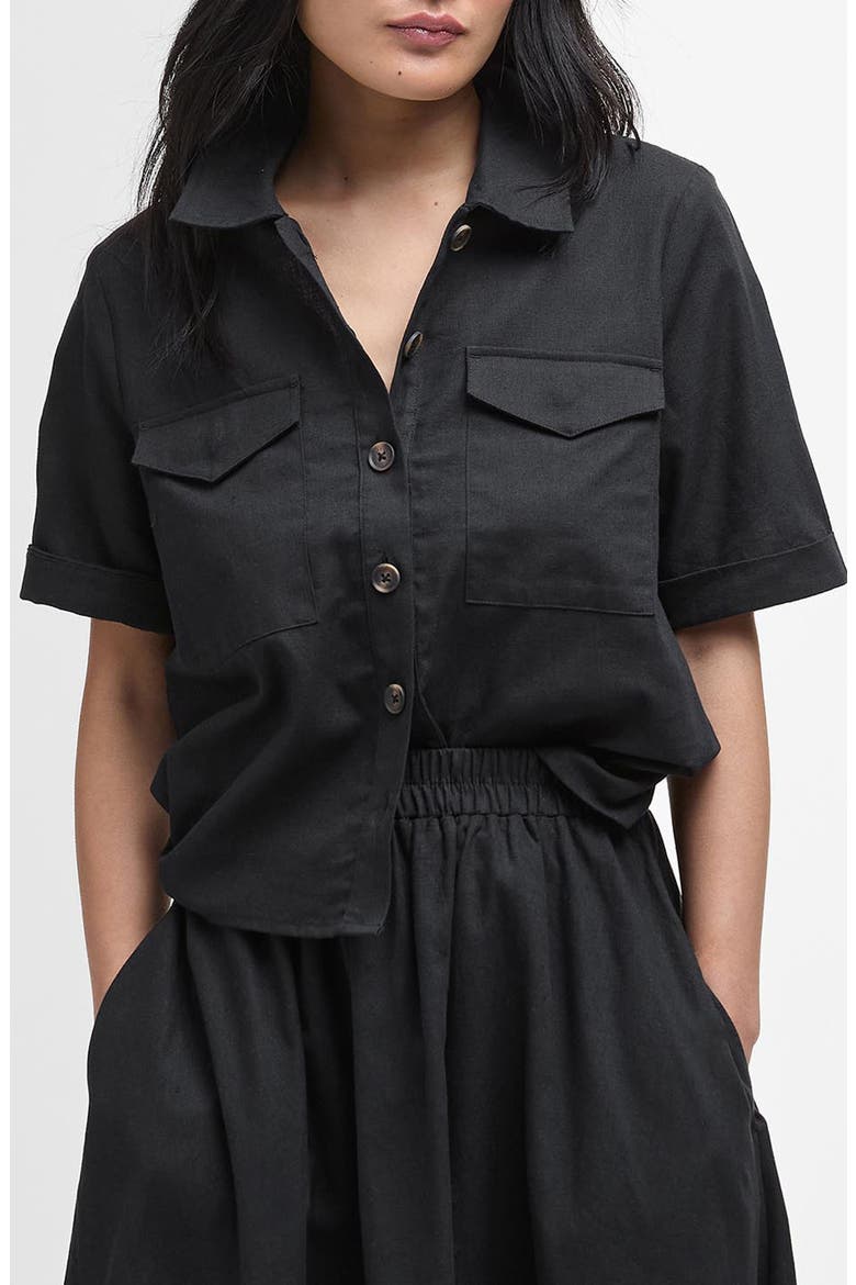 Luna Short Sleeve Cotton & Linen Button-Up Shirt, Main, color, BLACK