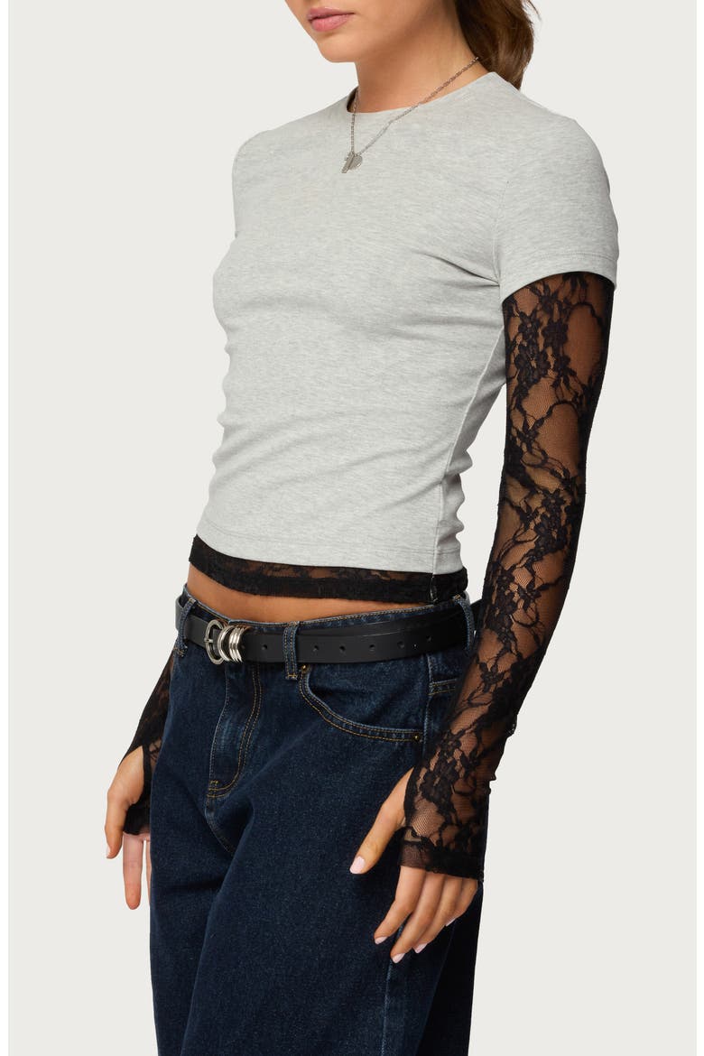 Layered Lace Sleeve T-Shirt, Alternate, color, GRAY-MELANGE