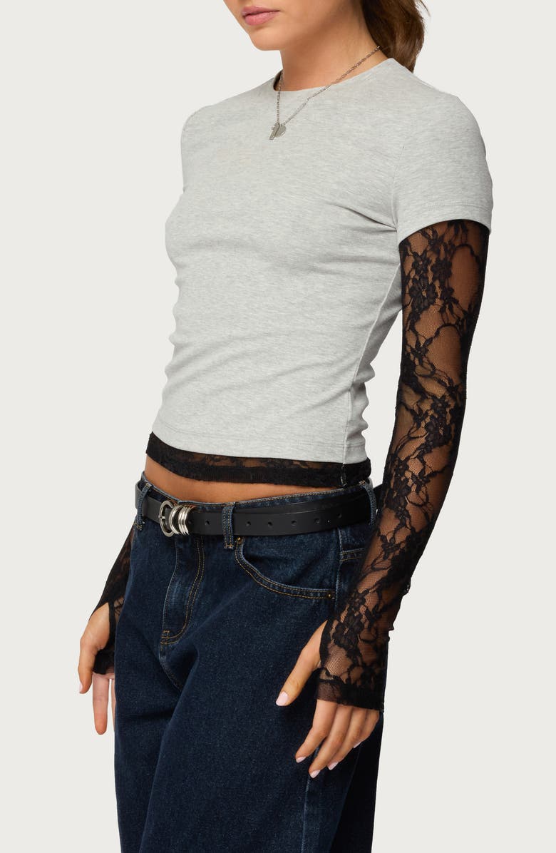EDIKTED Layered Lace Sleeve T-Shirt, Alternate, color, 