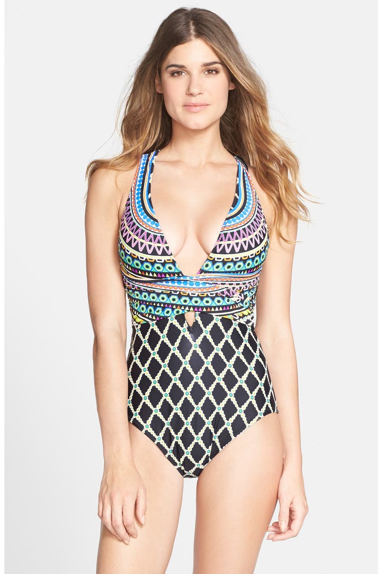 'Kon Tiki' One-Piece Swimsuit, Main, color, BLACK