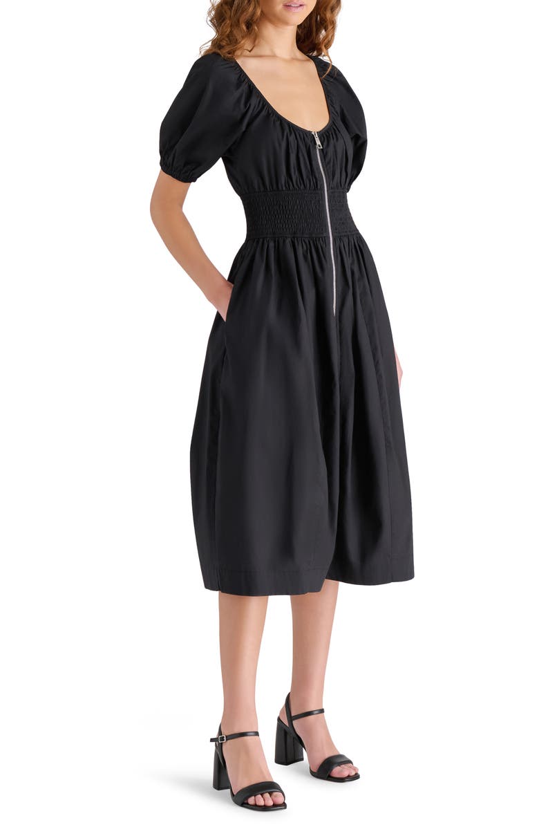 Steve Madden Liora Smocked Waist Cotton Poplin Dress, Alternate, color, Black