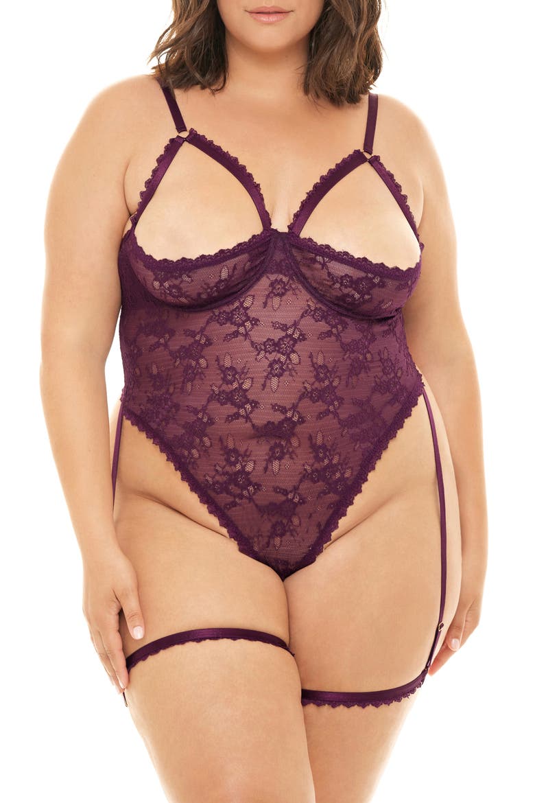 Elayne Lace Open Cup Underwire Teddy with Garter Straps, Main, color, POTENT PURPLE