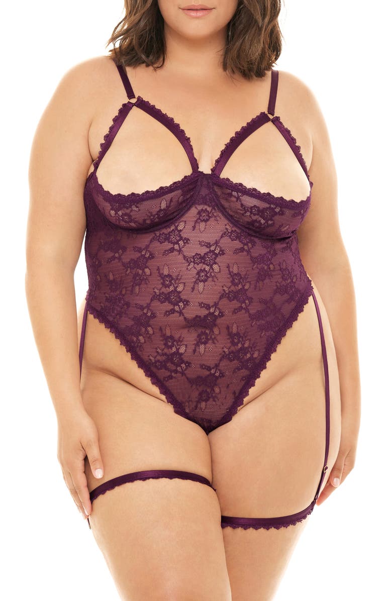 Oh La La Cheri Elayne Lace Open Cup Underwire Teddy with Garter Straps, Main, color, Potent Purple