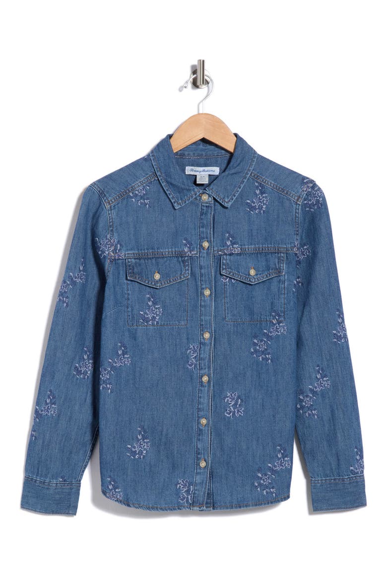 Flora Embroidered Denim Button-Up Shirt, Main, color, DK MED WASH