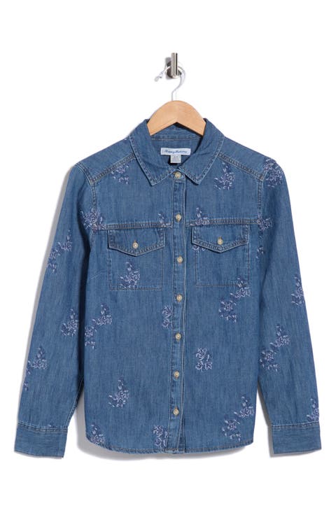 Flora Embroidered Denim Button-Up Shirt