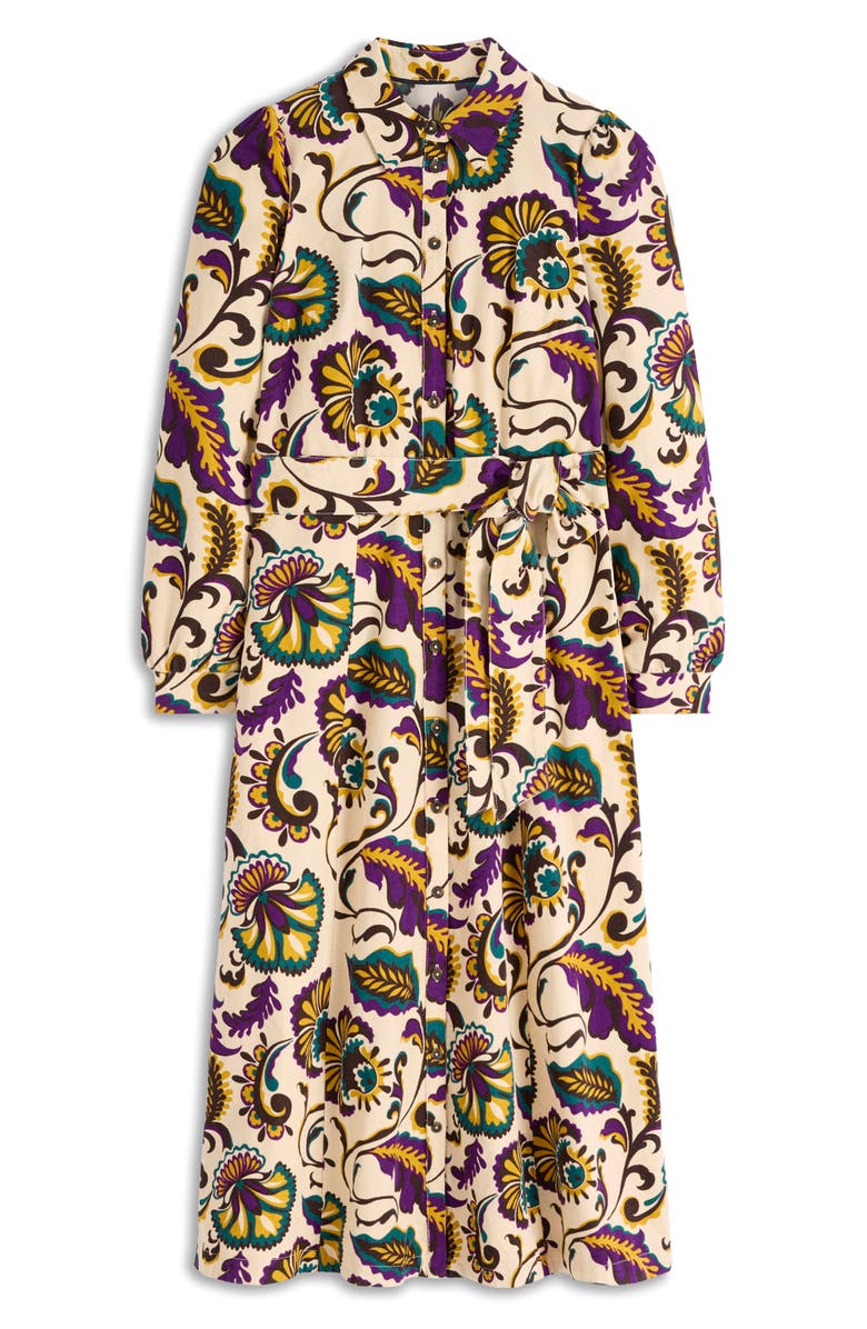 Boden Clara Print Tie Waist Long Sleeve Corduroy Midi Shirtdress, Alternate, color, Multi Ornate Meadow Large