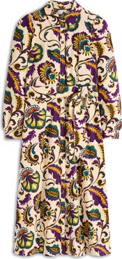 Boden Clara Print Tie Waist Long Sleeve Corduroy Midi Shirtdress