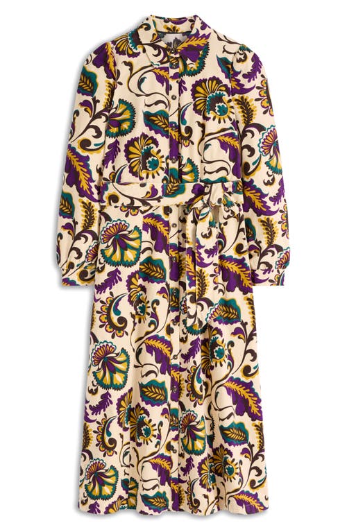 Boden Clara Print Tie Waist Long Sleeve Corduroy Midi Shirtdress In Neutral