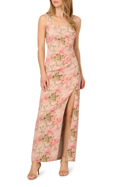 Floral Jacquard Metallic Matelasse Column Gown