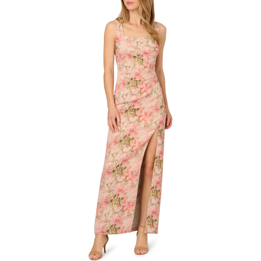 ADRIANNA PAPELL ADRIANNA PAPELL FLORAL JACQUARD METALLIC MATELASSE COLUMN GOWN