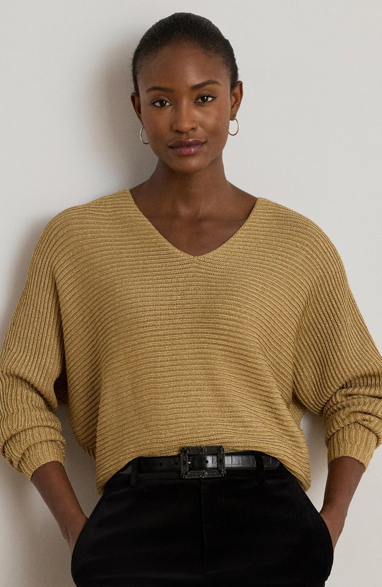 Lauren Ralph Lauren Metallic Rib Dolman Sleeve Sweater, Alternate, color, Relic Gold Metallic