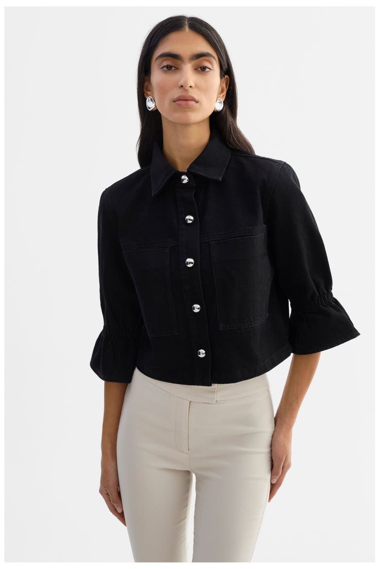Carolina D | Denim Ruffle Sleeve Jacket, Main, color, Black