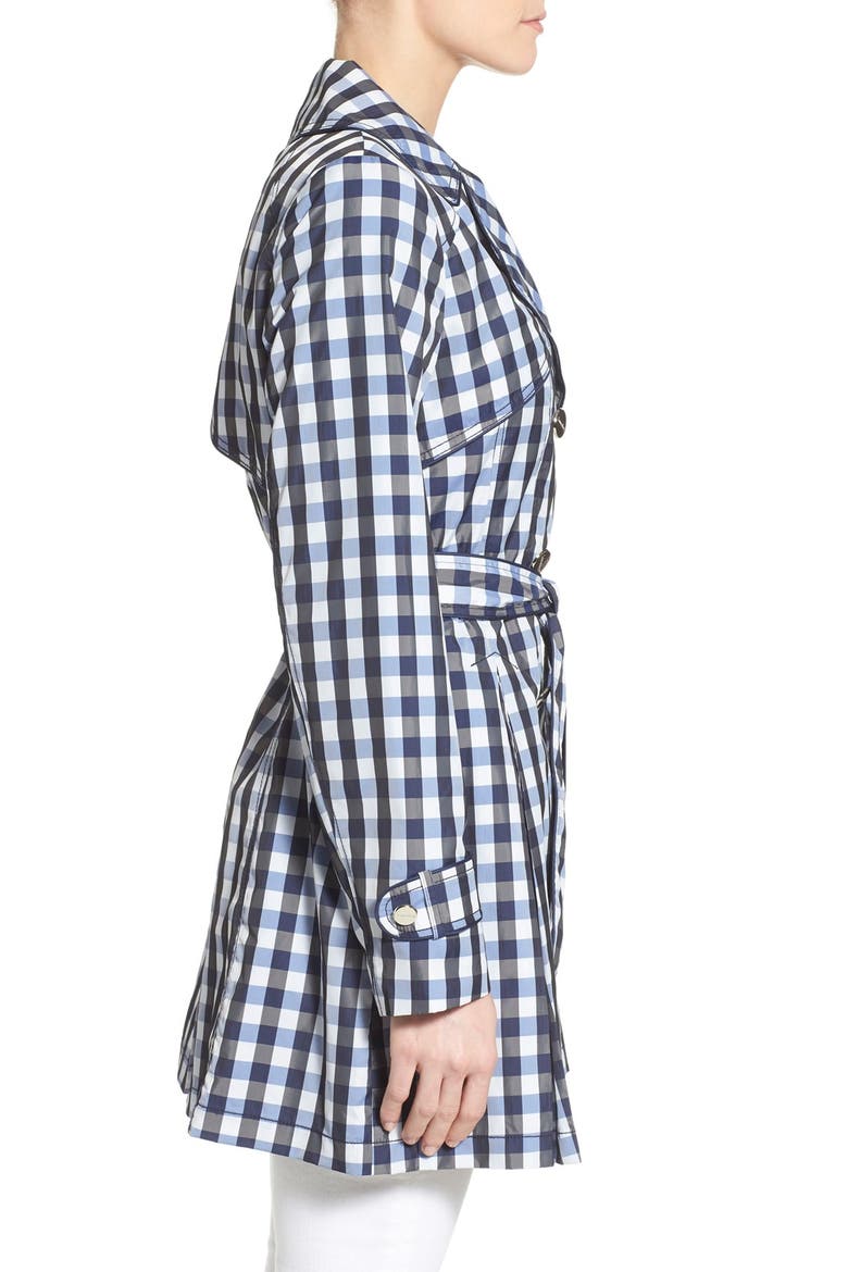Gingham Print Double Breasted Trench Coat, Alternate, color, BLUE/ BLACK