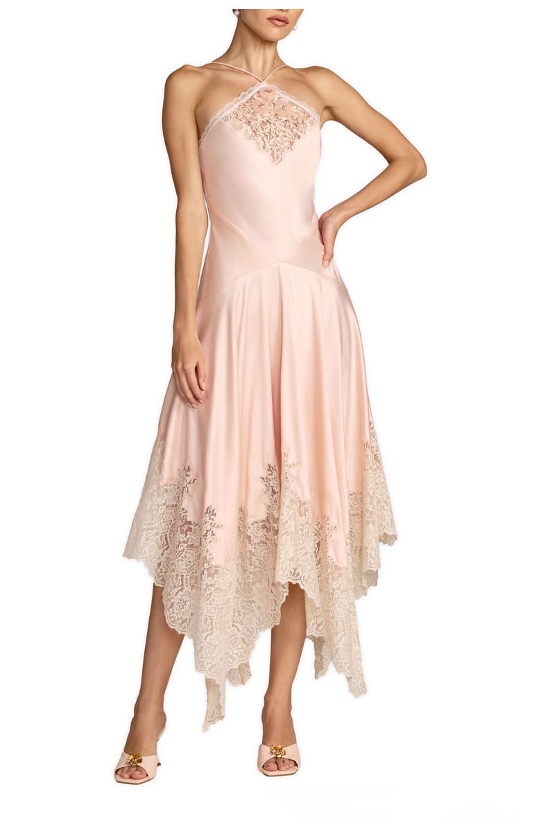 Mac Duggal Charmeuse Lace Detail Asymmetrical Hem Midi Dress, Main, color, Ballet Slipper