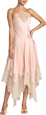 Mac Duggal Charmeuse Lace Detail Asymmetrical Hem Midi Dress