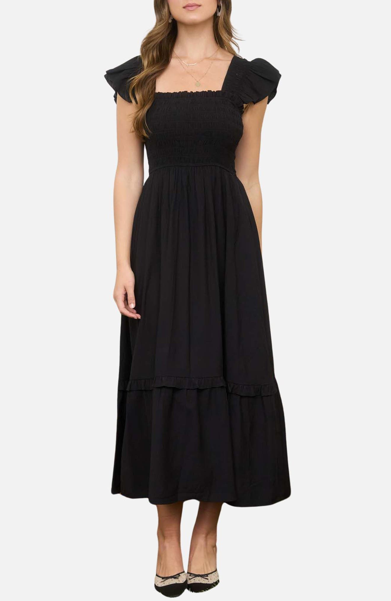 Blu Pepper Smocked Bodice Tiered Maxi Dress In Black