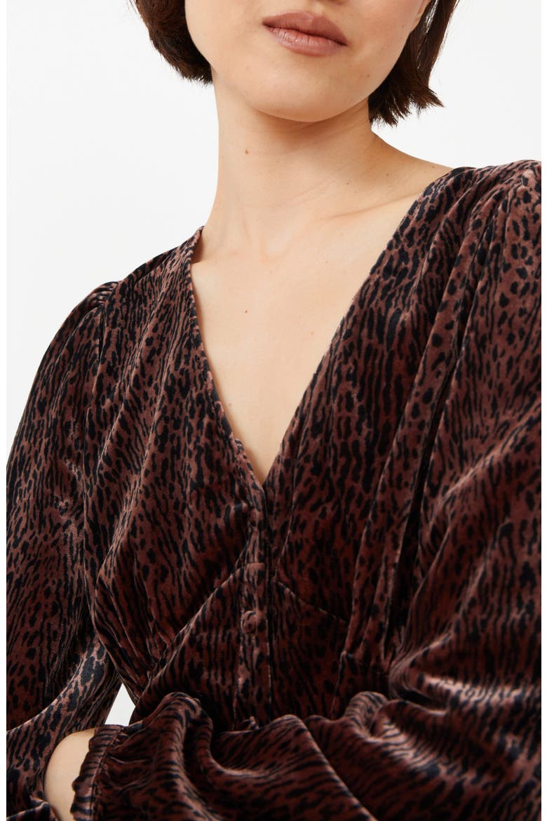 Puff Shoulder Velvet Button-Up Top, Alternate, color, BROWN/ BLACK PAZ AOP