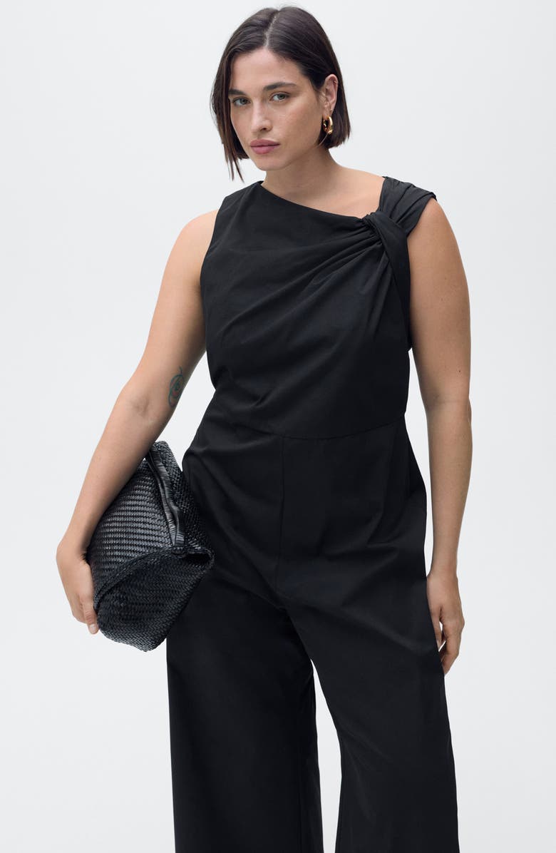 MANGO Asymmetric Neck Cotton Blend Crop Jumpsuit, Alternate, color, Black