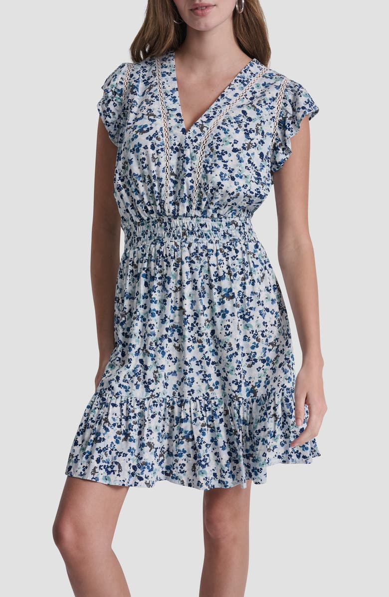 DKNY Jeans Floral Smocked Waist Minidress, Alternate, color, Blue