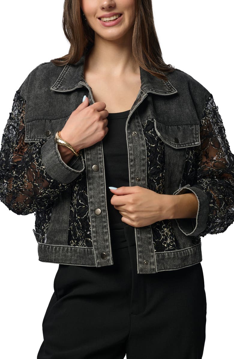 SAACHI Lace Trim Denim Trucker Jacket, Main, color, Black