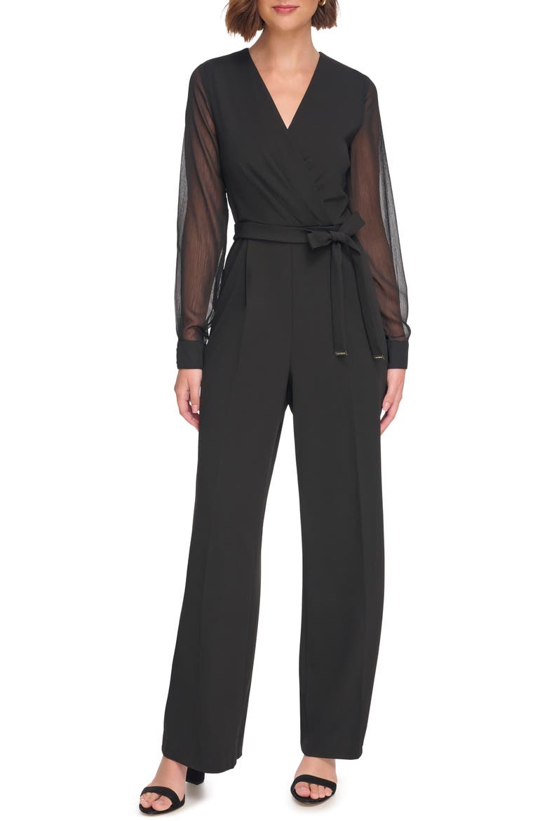 Long Sleeve Crepe Jumpsuit, Main, color, BLACK