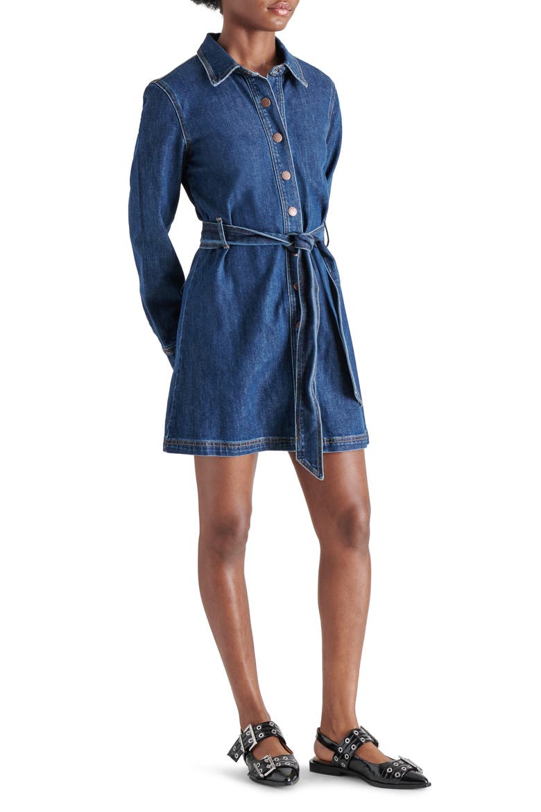Jolena Long Sleeve Belted Denim Mini Shirtdress, Alternate, color, DARK BLUE