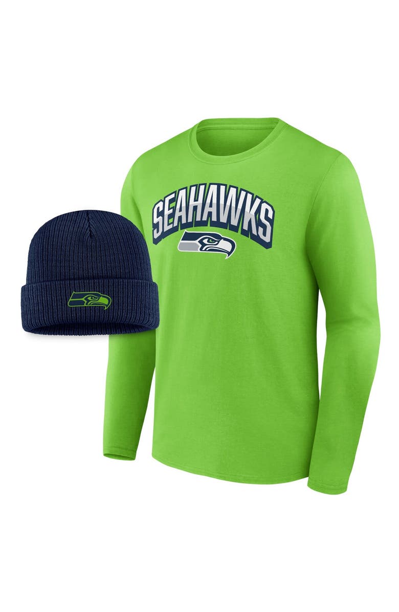 FANATICS Men's Fanatics Branded Neon Green/College Navy Seattle Seahawks Long Sleeve T-Shirt & Cuffed Knit Hat Combo Pack, Alternate, color, 