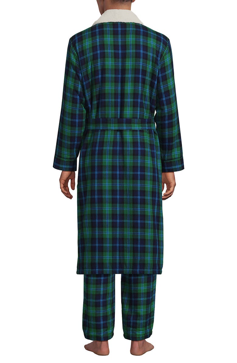 Lands' End High Pile Fleece Lined Flannel Robe, Alternate, color, Light Emerald Blackwatch