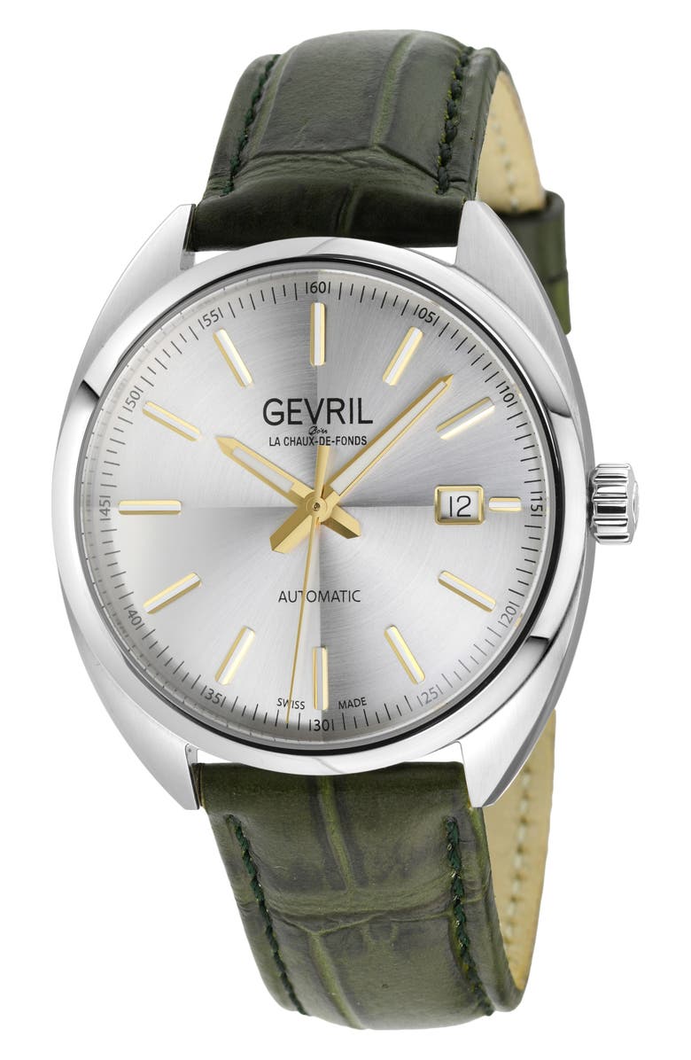 GEVRIL Five Points Swiss Automatic Croc Embossed Leather Strap Watch, 40mm, Main, color, Green