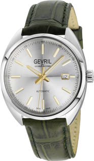 GEVRIL Five Points Swiss Automatic Croc Embossed Leather Strap Watch, 40mm