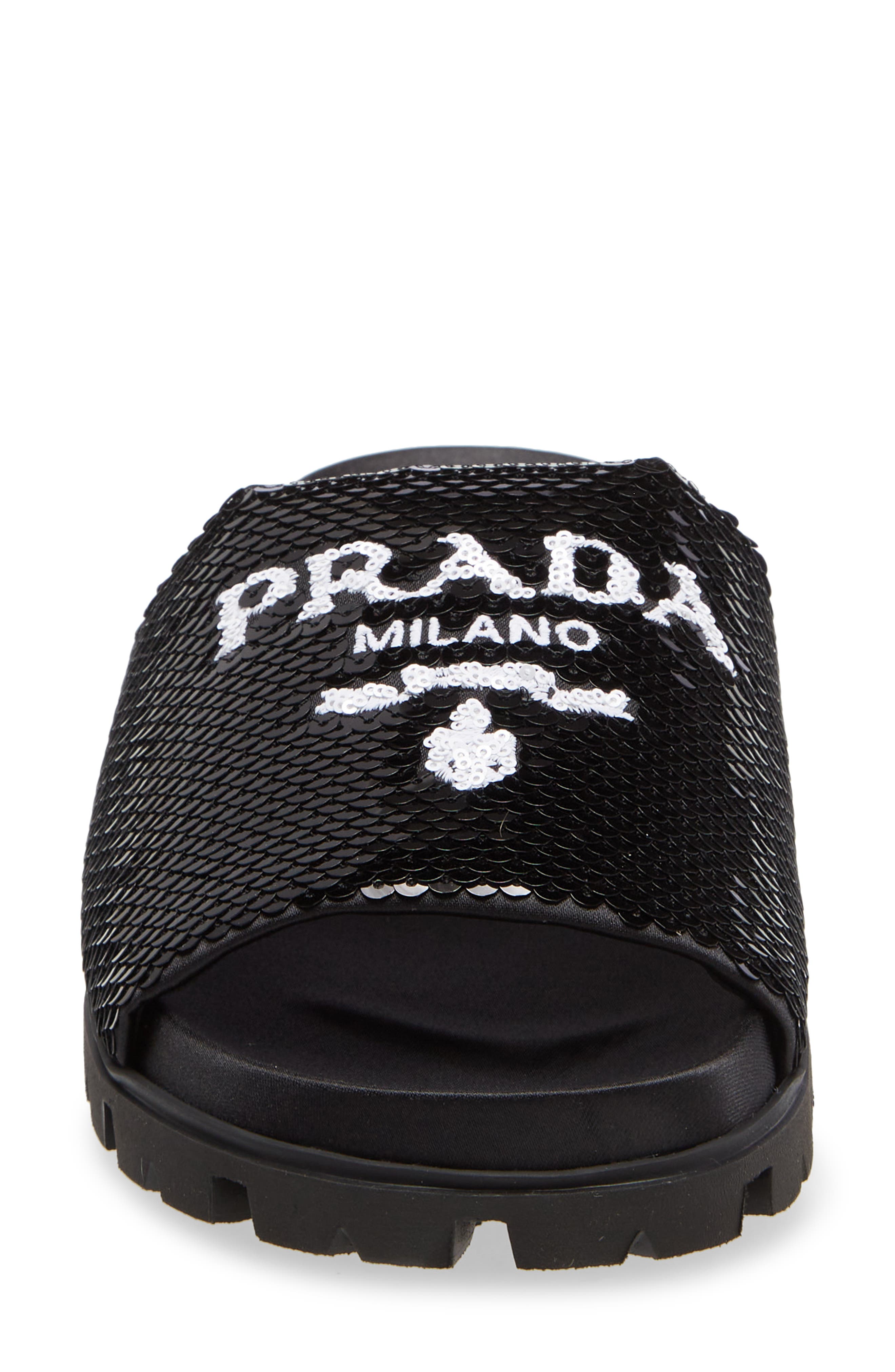 Prada Logo Sequin Slide Sandal, Alternate, color, 