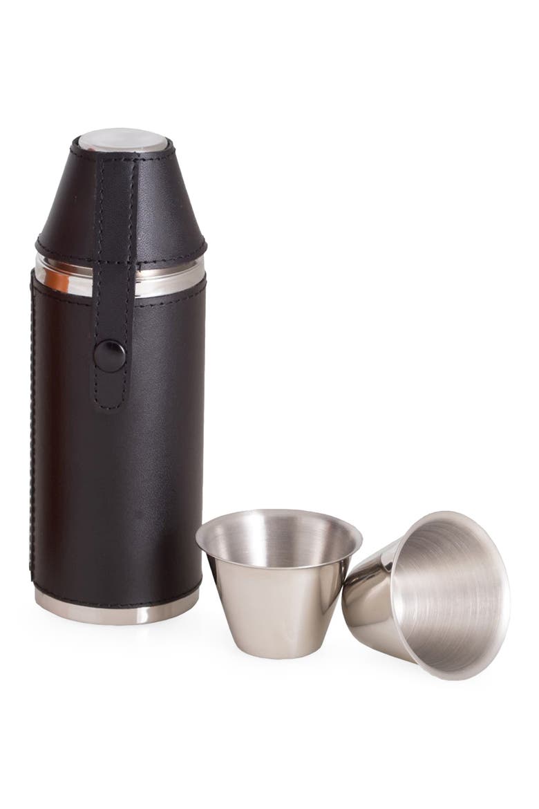 Leather Wrapped Cylinder Flask with Cups, Main, color, STAINLESS STEEL