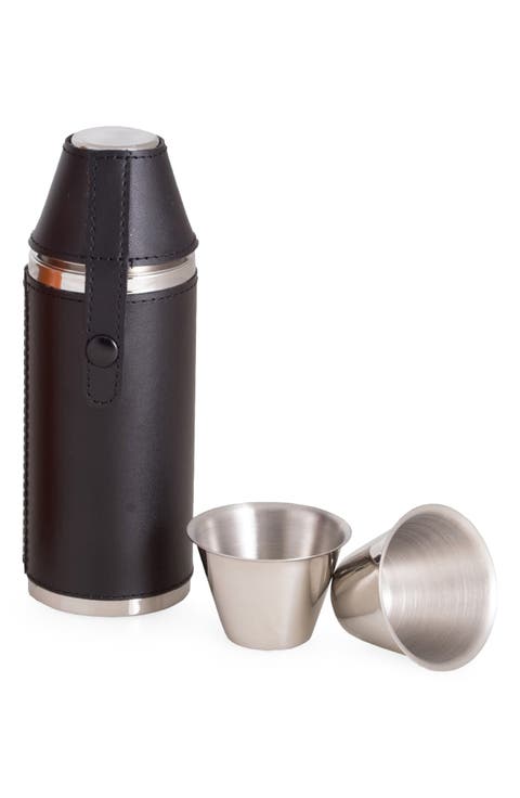 Leather Wrapped Cylinder Flask with Cups
