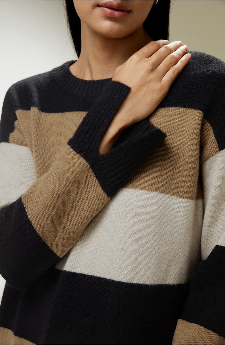 Lilysilk Women's Tri-colored Stripe Cashmere Sweater, Alternate, color, Black&Camel&Beige