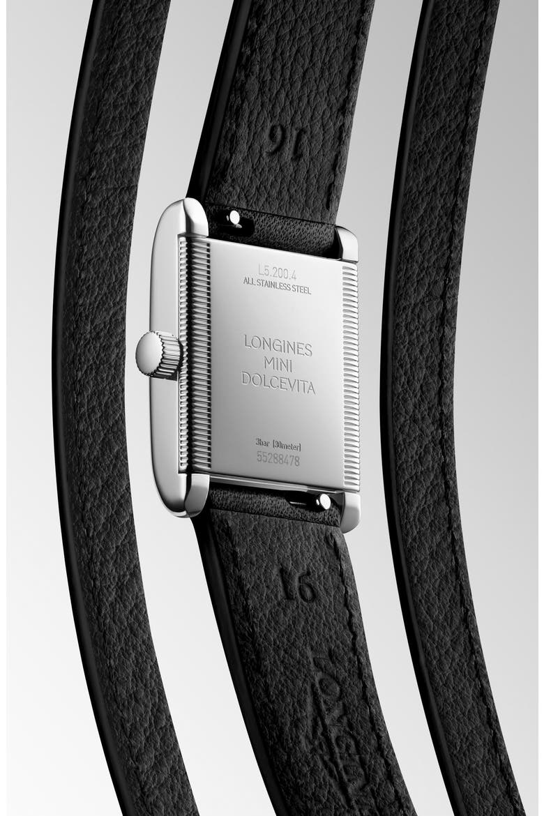 Mini DolceVita Three-Row Black Leather Strap Watch, 21.5mm x 29mm, Alternate, color, SILVER