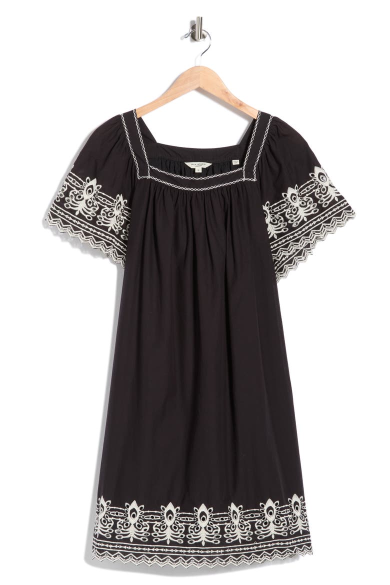 Embroidered Short Sleeve Cotton Dress, Alternate, color, BLACK/ CREAM
