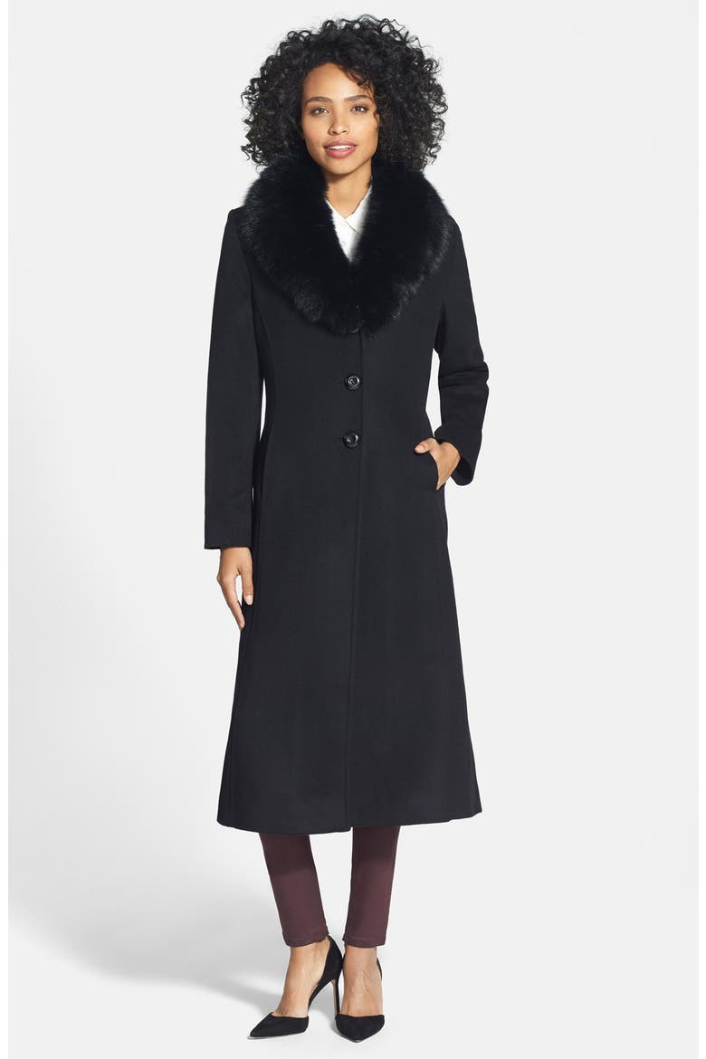 Genuine Fox Fur Collar Long Wool Blend Coat, Main, color, BLACK