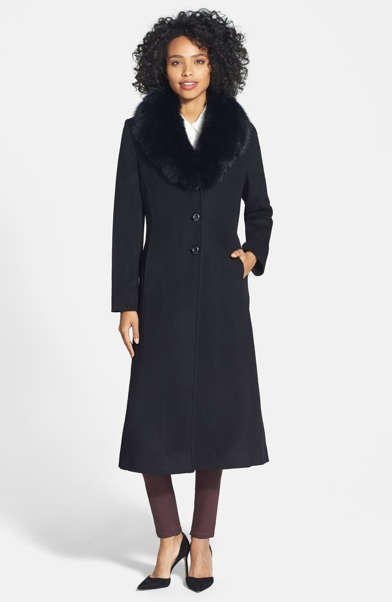 SACHI Genuine Fox Fur Collar Long Wool Blend Coat, Main, color, 