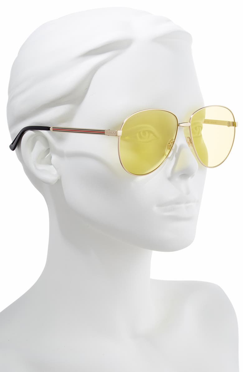 Gucci 61mm Metal Aviator Sunglasses, Alternate, color, Gold/ Solid Yellow