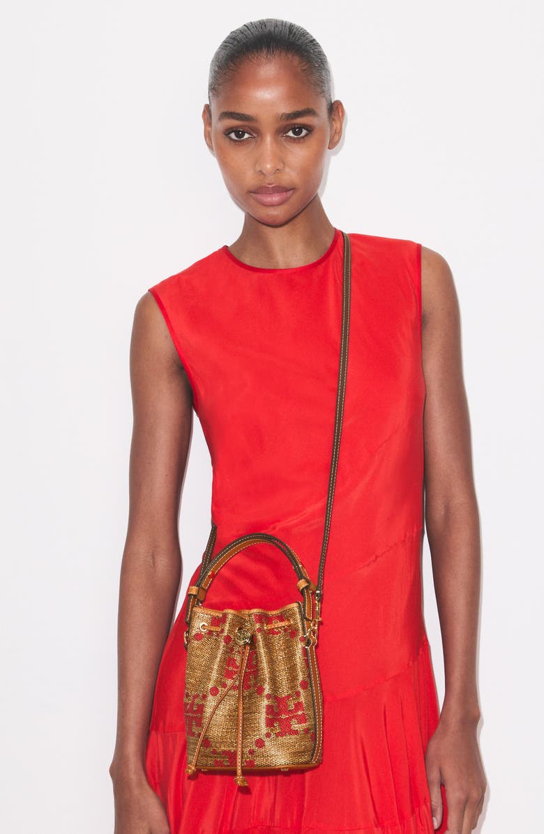 Tory Burch Mini T Monogram Straw Bucket Bag, Alternate, color, Natural
