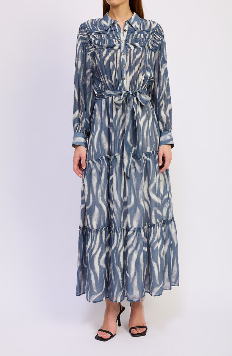 En Saison Cypress Long Sleeve Tie Belt Tiered Maxi Shirtdress, Alternate, color, Slate Ivory
