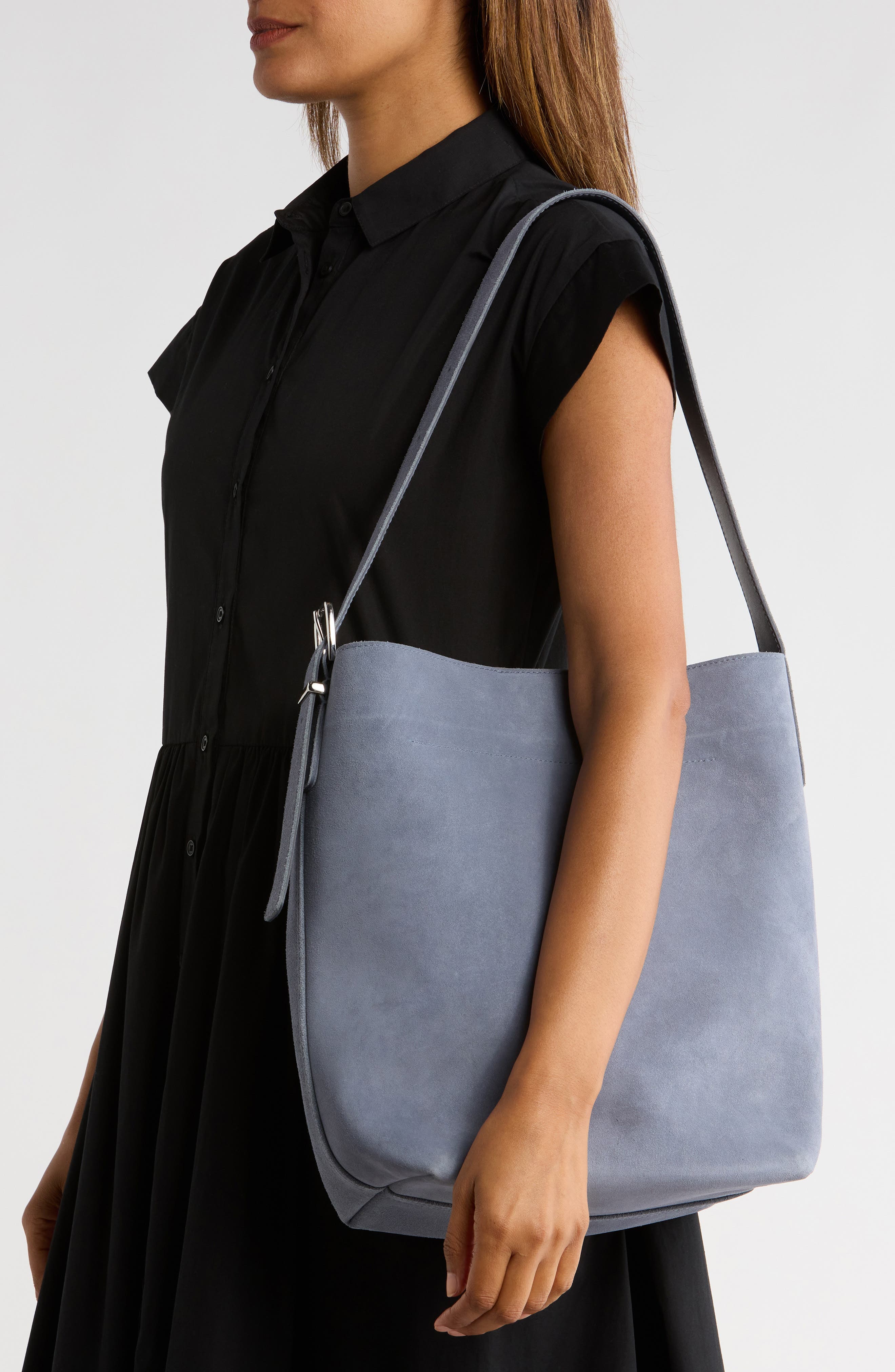 Madewell Essentials Suede Bucket Bag, Alternate, color, Sunfaded Indigo