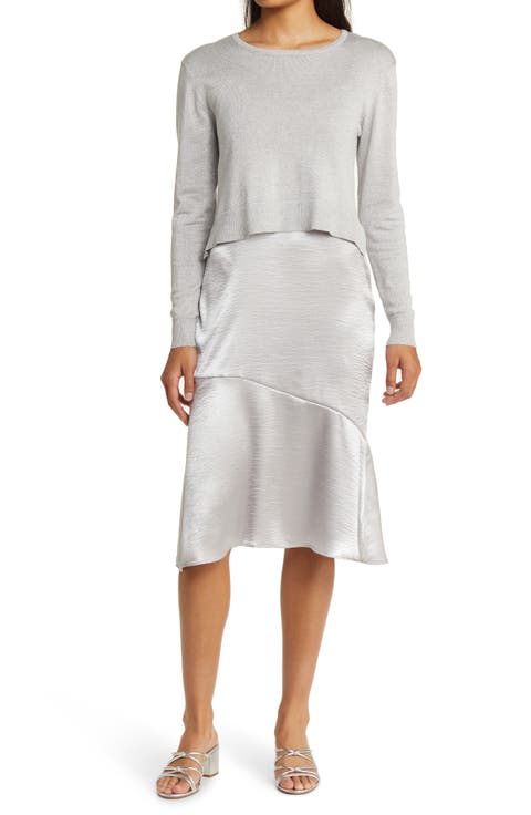 Satin Slipdress with Metallic Sparkle Boat Neck Sweater