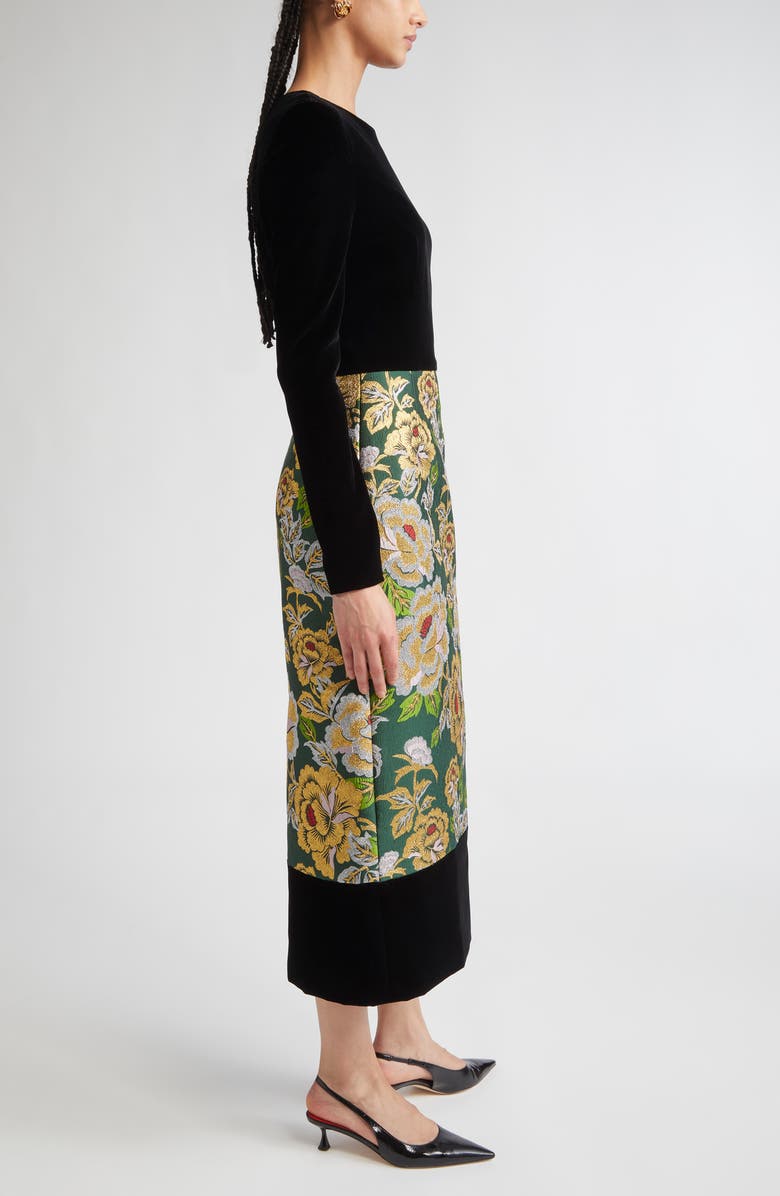 Carolina Herrera Long Sleeve Floral Jacquard & Velvet Midi Dress, Alternate, color, Pine Green Mult