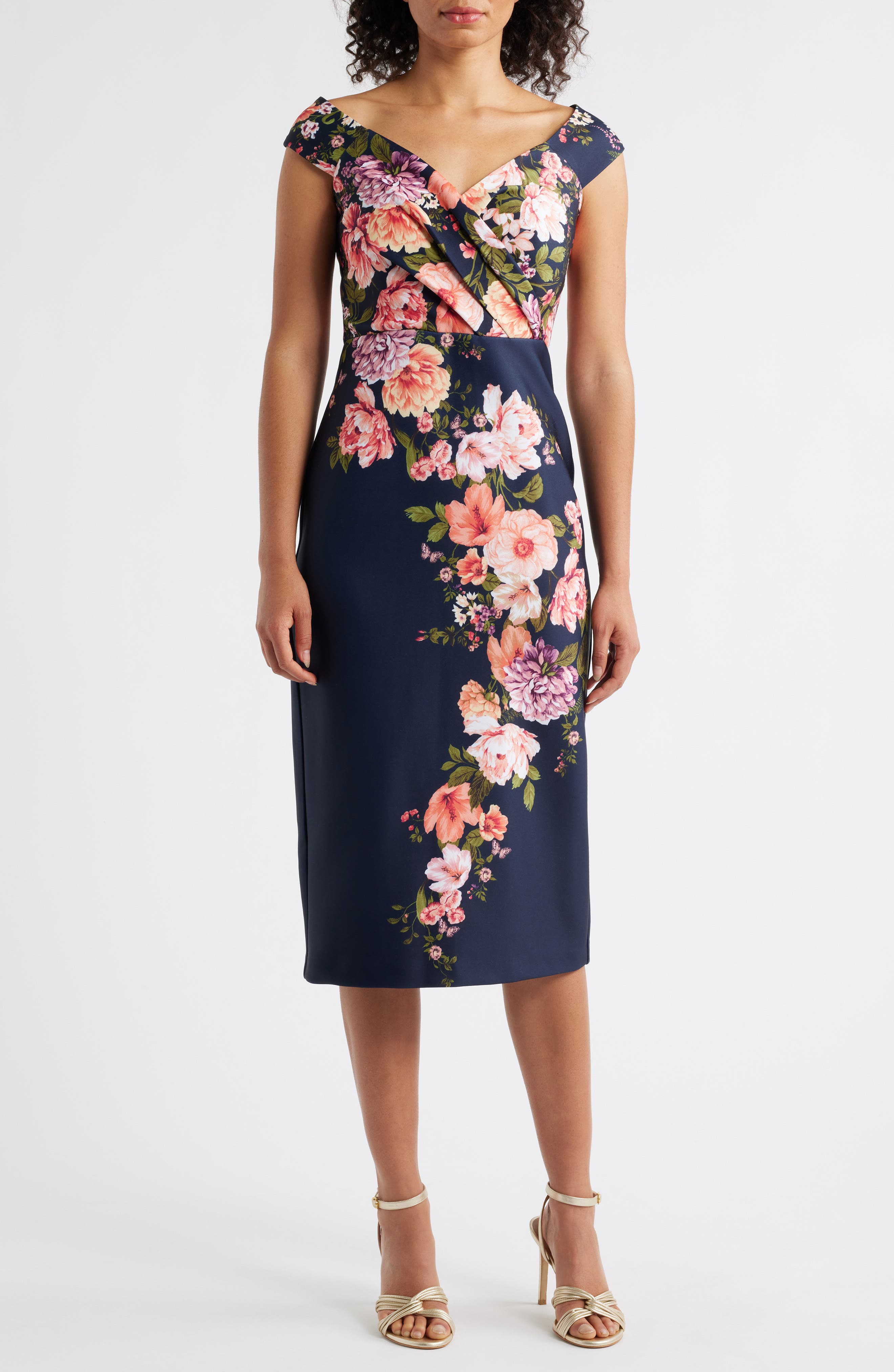 Eliza J Floral Print Scuba Sheath Dress in Navy 