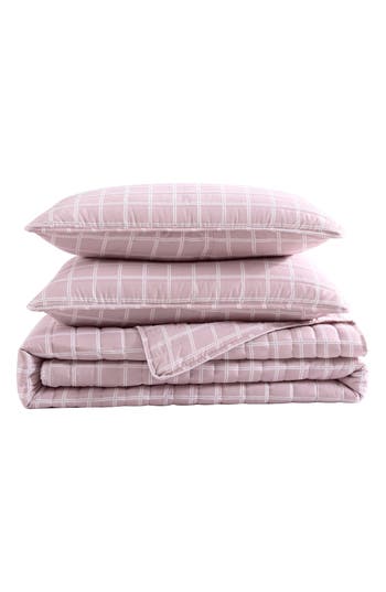 City Scene Grid Microfiber Quilt & Shams Set In Pink